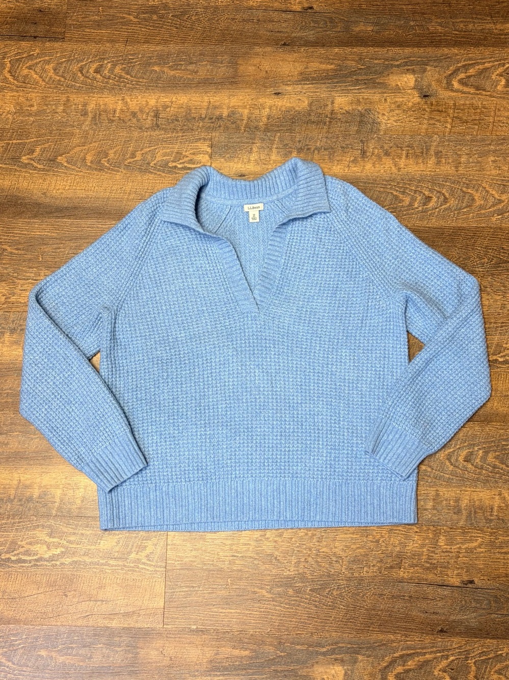 L.L.Bean SuperSoft WaffleKnit Polo Pullover Sweater Womens Medium Blue
